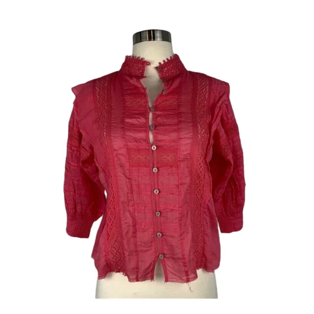 FP FREE PEOPLE Lace Crochet Puff Poof Sleeve Button Front Victorian Blouse XS